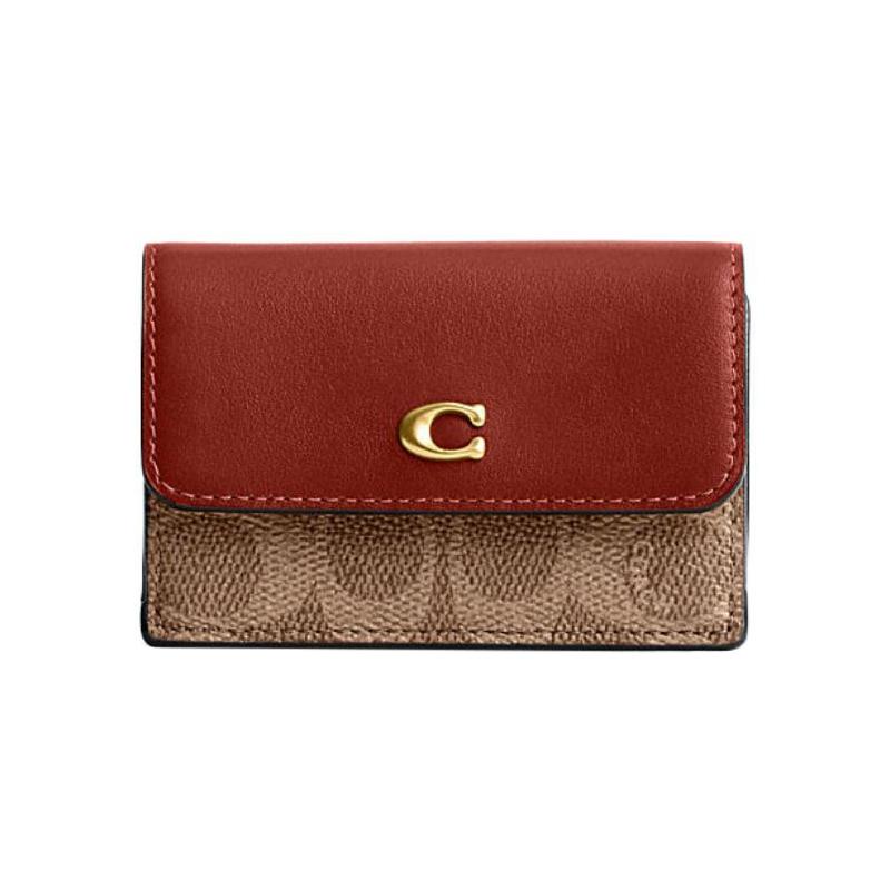 Coach Тройное портмоне ogo Sign Classic с клапаном для пресбиопии на кнопке, из покрытого холста и телячьей кожи, обычное, женское, коричневое и хаки-коричневое с хаки