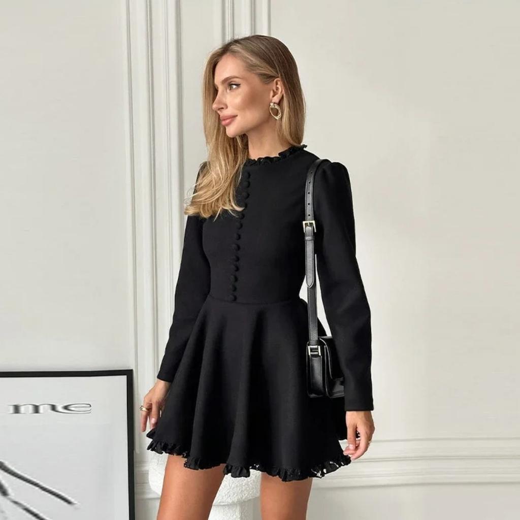 LYRIA Ruffles Stand Collar Dress Women Black Long Sleeve Single Breasted Mini Dresses Ladies New Prom Robes