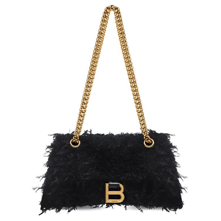 Balenciaga Crush Stud Magnetic Closure Fabric Feather Portable Crossbody Bag, Shoulder Bag Women's Black 7163512AAEO1000