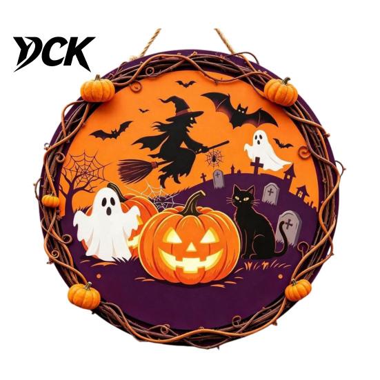 Indoor Wall Hanging Vintage Wooden Halloween Welcome Door Hanger, Pumpkin Ghost Skull Witch Front Porch Decoration Sign, Farmhouse Decor for