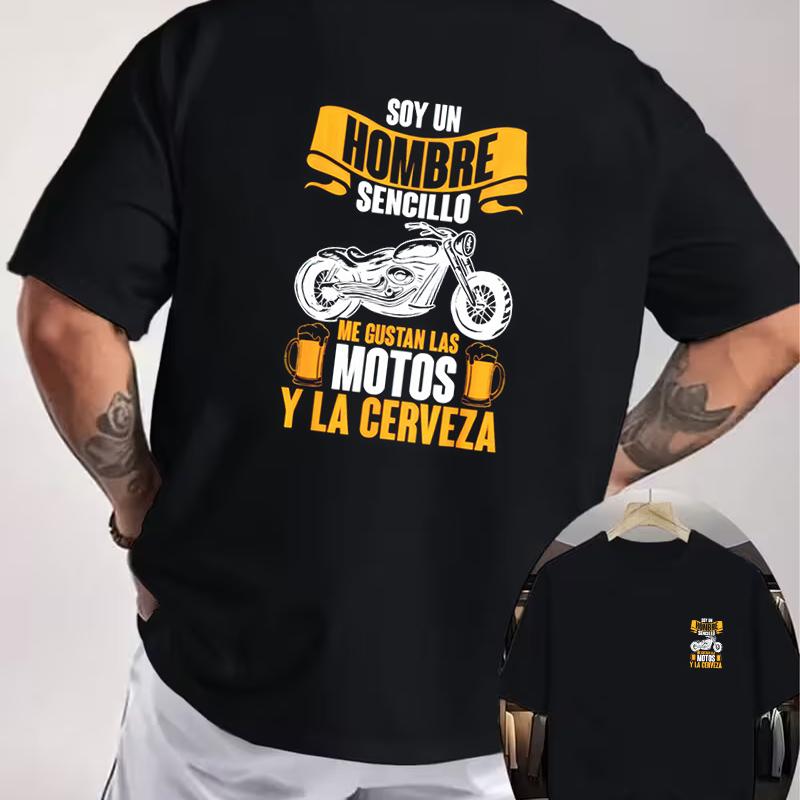 Spanish Motorcycle & Beer Slogan Double Sided Print T-Shirt Men's Summer Short-sleeved Round Neck Casual Streetwear Tops Tee