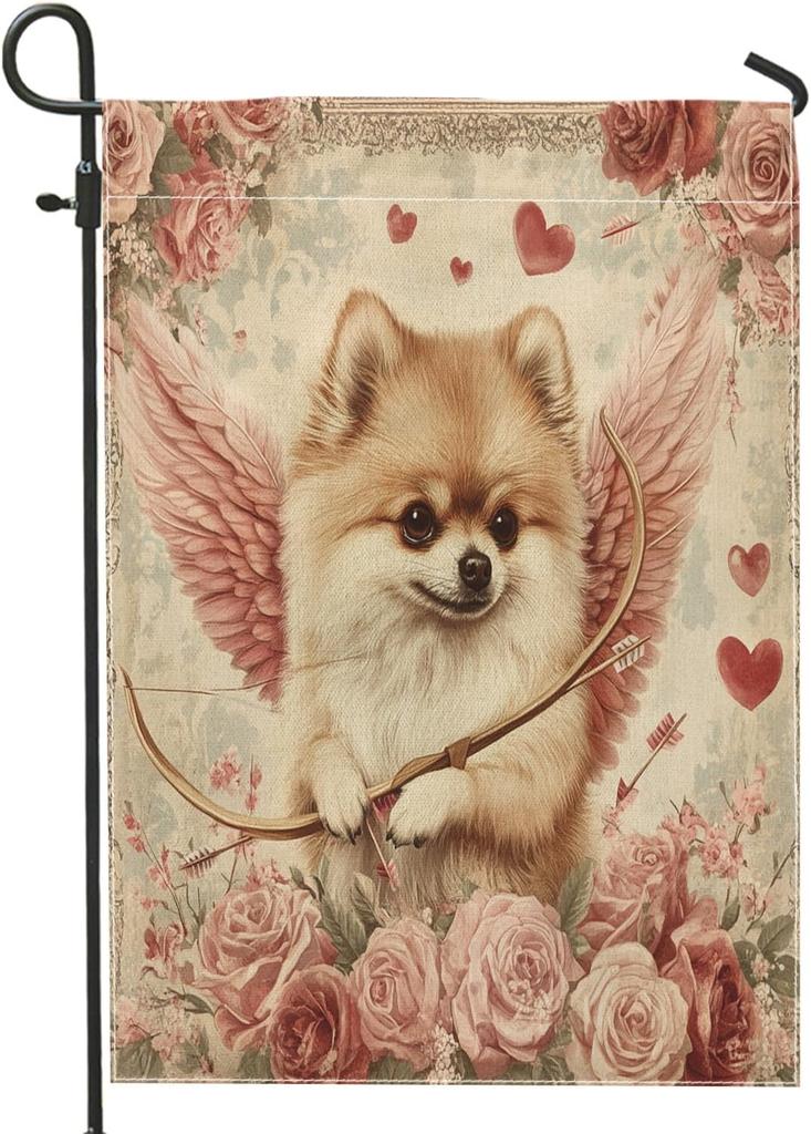 Valentine's Day Pomeranian Dog Garden ags 12x18 Inch Double Sided for Outside, Vintage Puppy Pattern Standard Canvas H XXE