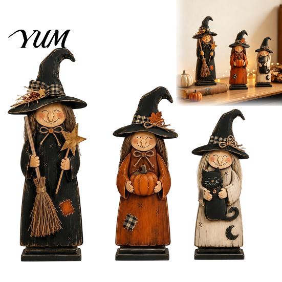 Halloween Witch Tabletop Decor Wooden Ornament, Retro Figurine with Broom/Pumpkin/Black Unique Gifts for Friends Cat, Creative Centerpiece Desktop