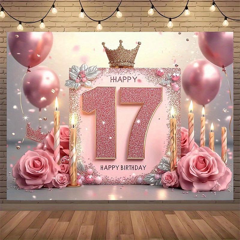17th birthday party banner - The "Happy 17" design with pink and gold flashes, featuring balloons, roses and candles