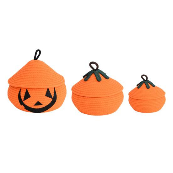 Halloween Woven Pumpkin Basket with Lid Empty Rope Woven Basket Trick or Treat Pumpkin Storage Bin Candy Snack Container
