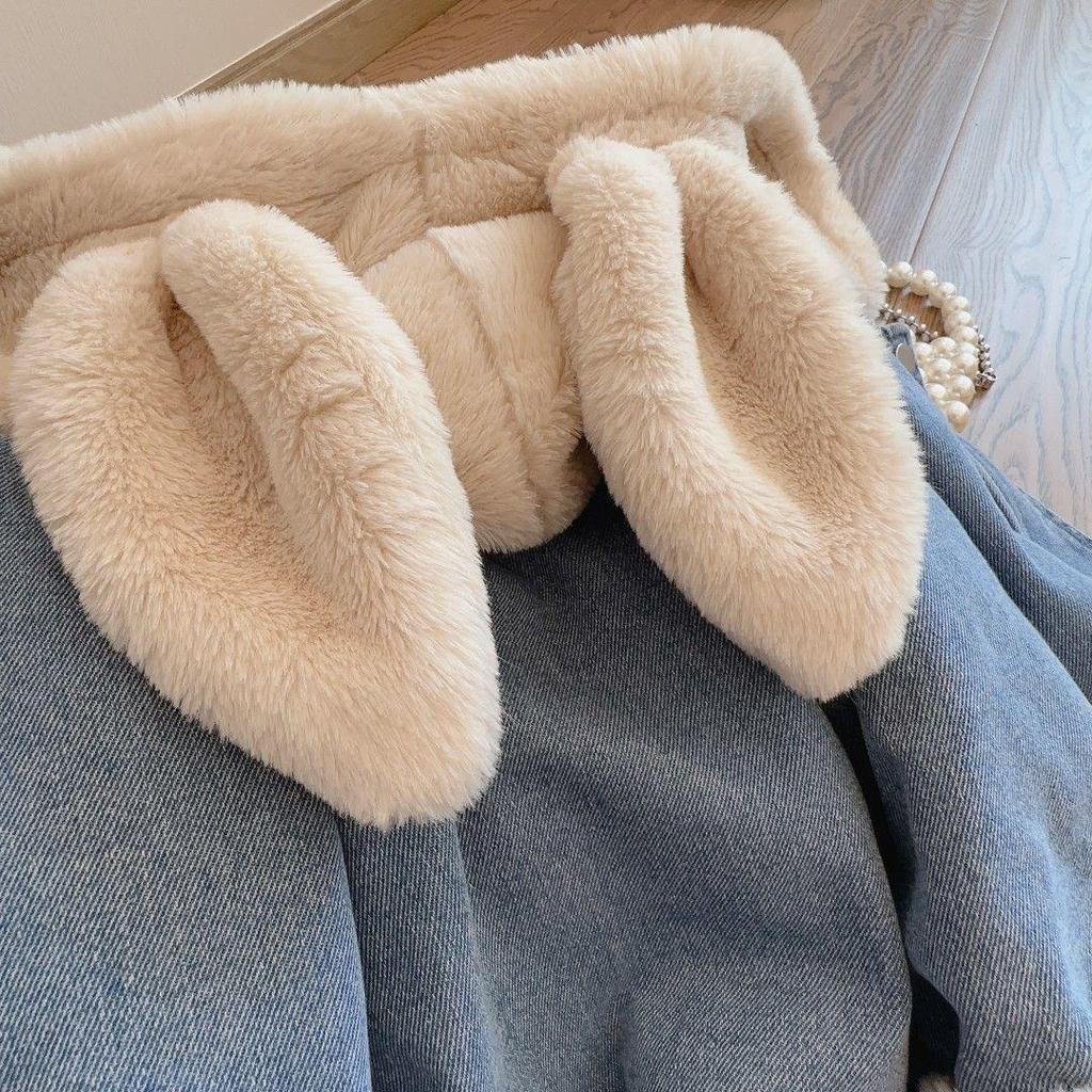 Плюшевая джинсовая куртка для девочек с кроличьими ушками - модное пальто в корейском стиле на осень/зиму