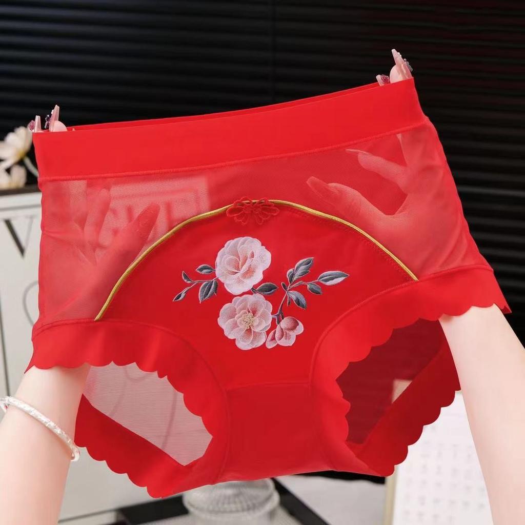 Летние традиционные китайские вышитые трусики с высокой талией, сетчатые трусы, кружевные трусы с утягивающим эффектом, женское сексуальное нижнее белье