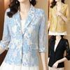 Women Lace Blazer Jacket Suit Coat Hollow Out 3/4 Sleeve Office Workwear Fashion