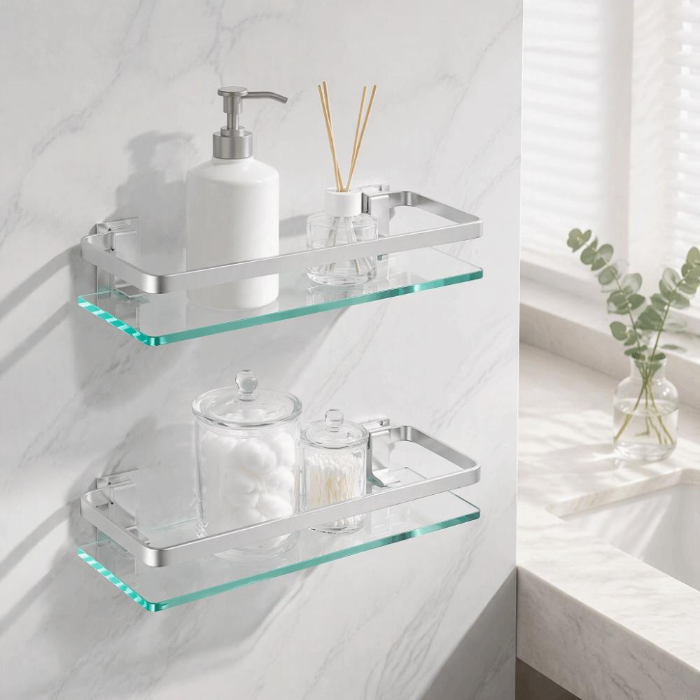 Silver Glass Shelf Organizer Tempered Thickened Glass Shower Caddy Home Organization