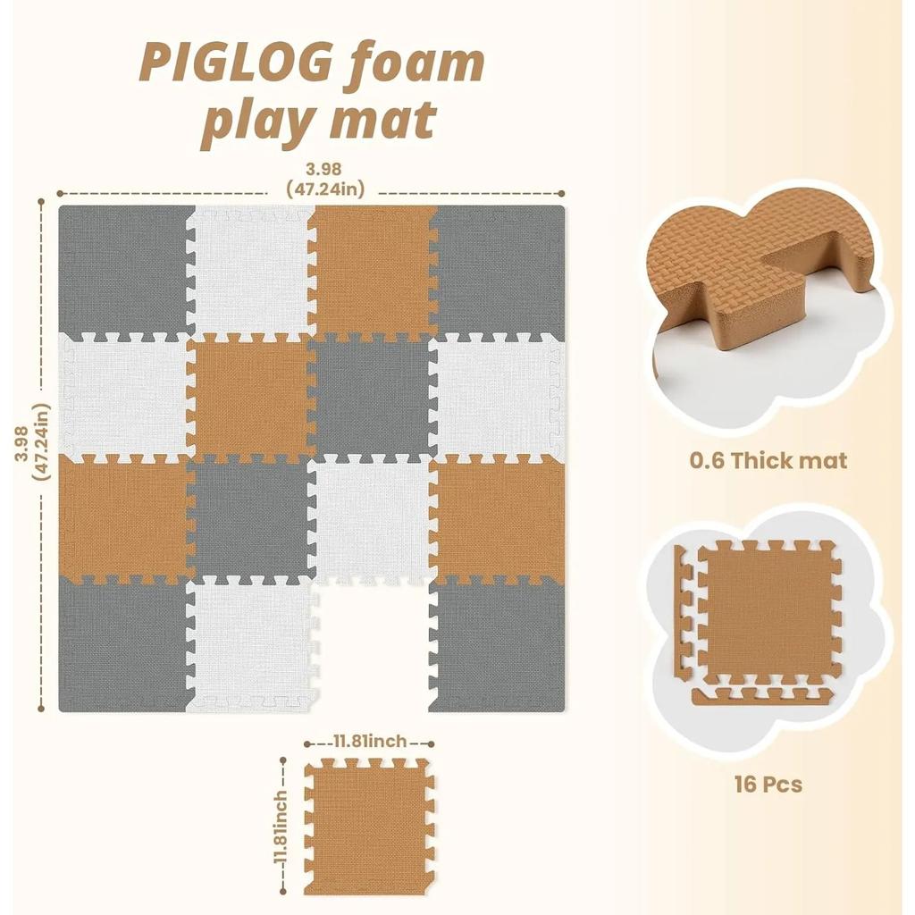 16 Tiles Baby Play Mat for Floor, EVA Foam Baby Floor Play Mat with 0.6 Inch Thick Interlocking Foam Tiles
