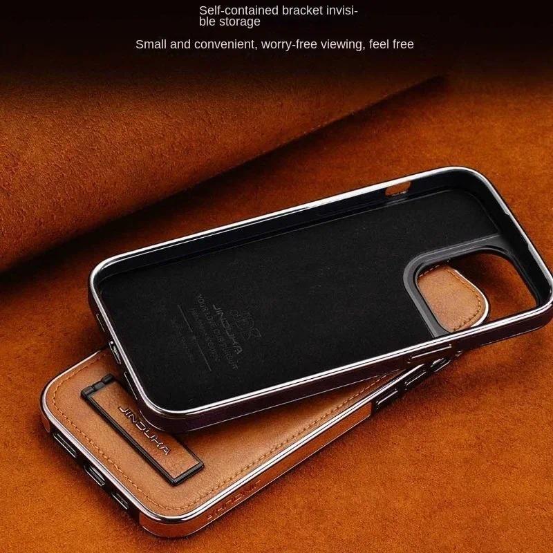 Bracket Holder Aluminum Lens Leather Case For iPhone 17 Pro Max 16 Air 15 Plus 14 Pro 13 12 11 Electroplated Bumper Phone Cover