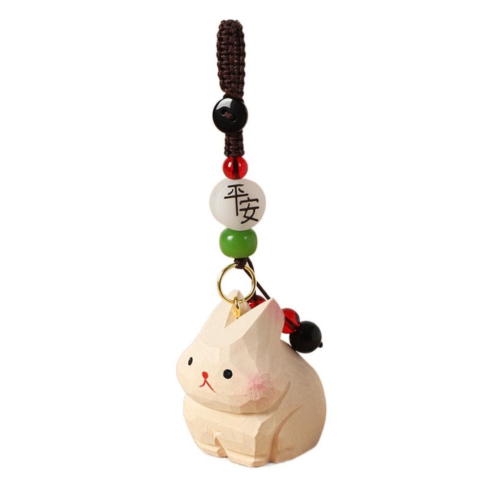 Weave Rope Wooden Carved Rabbit Keychain Beads Car Keyring Cute Wood Rabbit Dolls Pendant  Students
