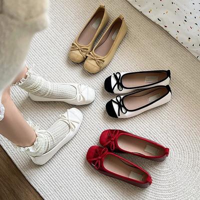 Французский бант балетки женские 2025 весна новые удобные на плоской подошве с юбкой неглубокий вырез туфли Мэри Джейн