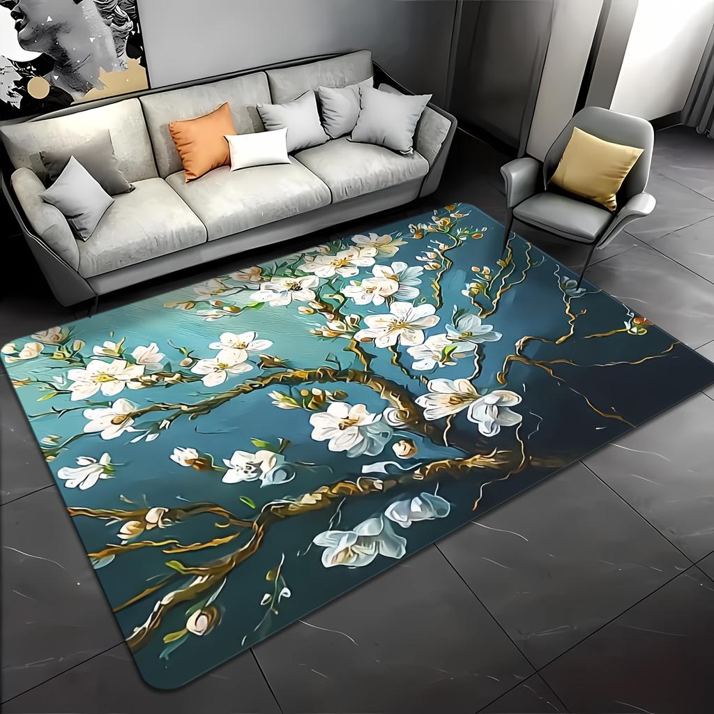 Decorative Floral Area Rug for Living Room Spring Decor Chic White Cherry Blossom Pattern Indoor Hallway Mat Elegant Boho Style