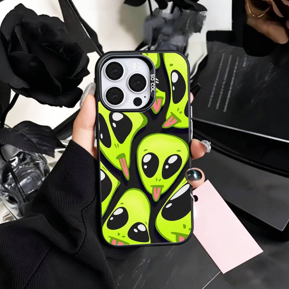 Cool C-Cartoon Alien Space Phone Case For iPhone17,16,15,14,13,12,11 Plus,Pro Max Colored Silver Plated Inside Cover