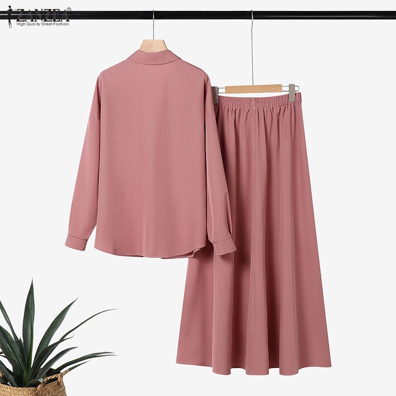 ZANZEA Женская блузка с длинным рукавом и юбки мусульманские повседневные костюмы-двойки