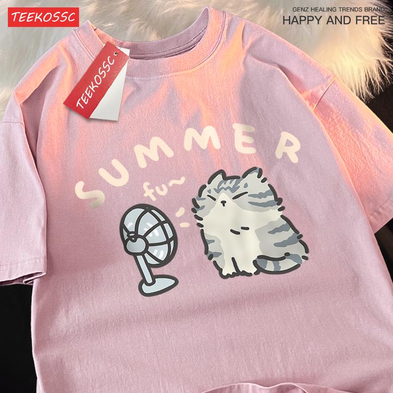 Американская уличная креативная футболка из чистого хлопка с веером и котом для мужчин и женщин, летняя свободная футболка с короткими рукавами для пар, футболка в стиле Харадзюку