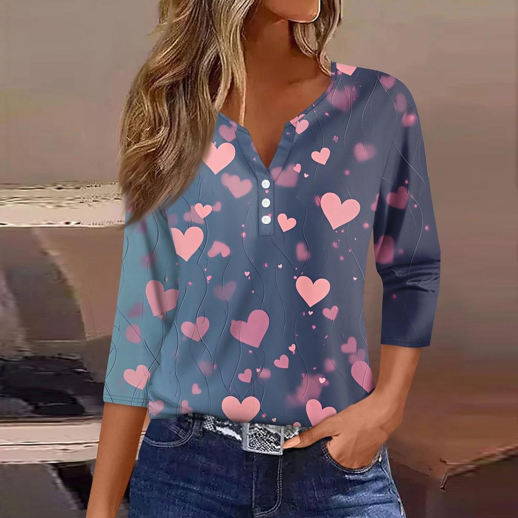 Женская футболка с принтом ко Дню святого Валентина, на пуговицах, рукав 3/4, туника, повседневная мода на выходные, базовый топ с V-образным вырезом