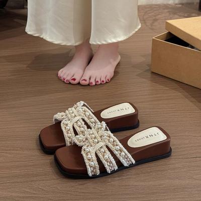 Жемчужные женские туфли лето новые для улицы с юбкой крутые тапочки ленивые повседневные на одной перемычке