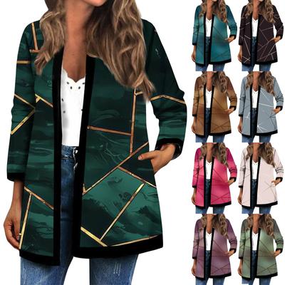 Женская осенне-зимняя модная повседневная куртка-кардиган средней длины с длинным рукавом и принтом