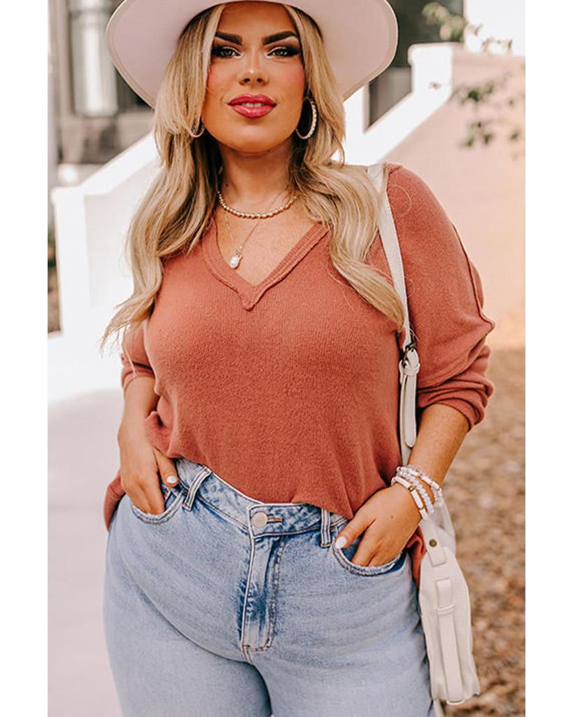 Azura Exchange Gold Flame Plus Size Exposed Seam V Neck Long Sleeve Top