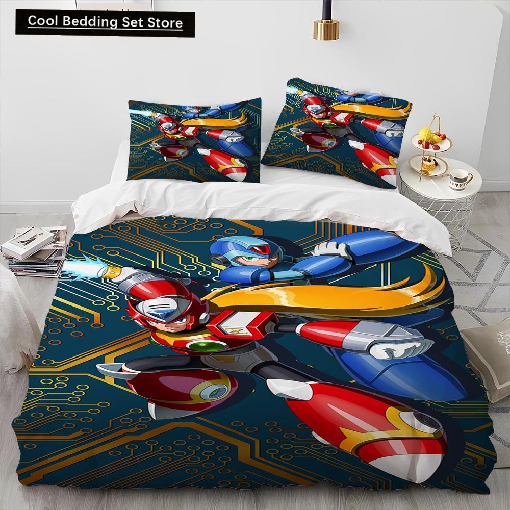 3D Рокмен Мегамен Игра Мультяшный Комплект Постельного Белья Одеяло Пододеяльник Наволочка,Королевский Размер Квинсайз Детский