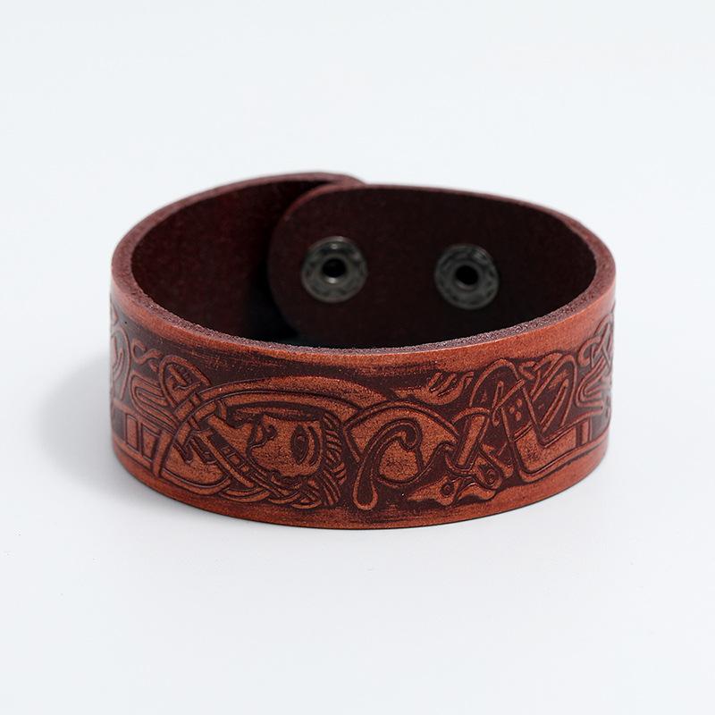Retro Embossed Totem Pattern Cowhide Leather Wristband Bracelet Handmade Adjustable Bracelet Cowboy Accessories Unisex Jewelry