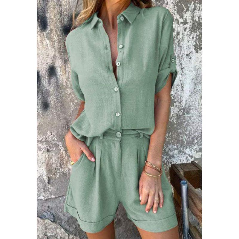 Collar Shirt Solid Color Shorts Set Lapel Shirt Pure Color Casual Shorts Suit
