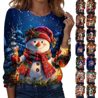 Женский рождественский топ с принтом, круглым вырезом, свободного кроя, с длинными рукавами