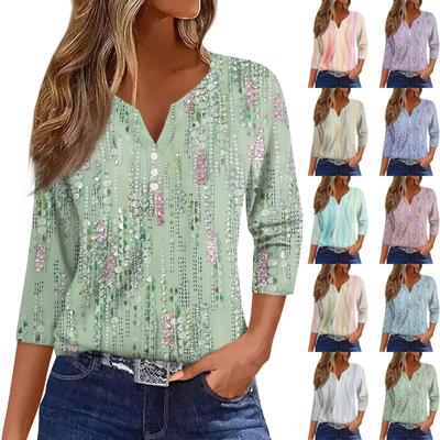 Жен. Футболка Футболка С принтом Пуговицы Рукав 3/4 Повседневные Выходные Мода Классический Классический V-образный вырез Обычный Верх