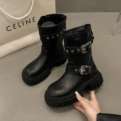 Модные новые женские сапоги-ковбойши на платформе и каблуке, модные короткие сапоги с пряжкой на ремне, осень-зима, женская обувь с толстой подошвой