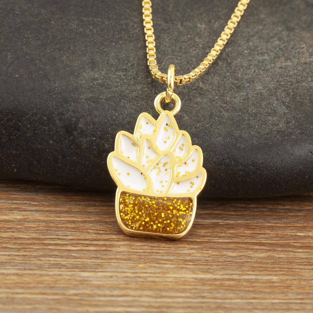 Nidin New Trendy Succulent Plant Potted Pendant Necklace For Women Female 3 Colors Choice Enamel Drip Oil Daily Party Jewelry