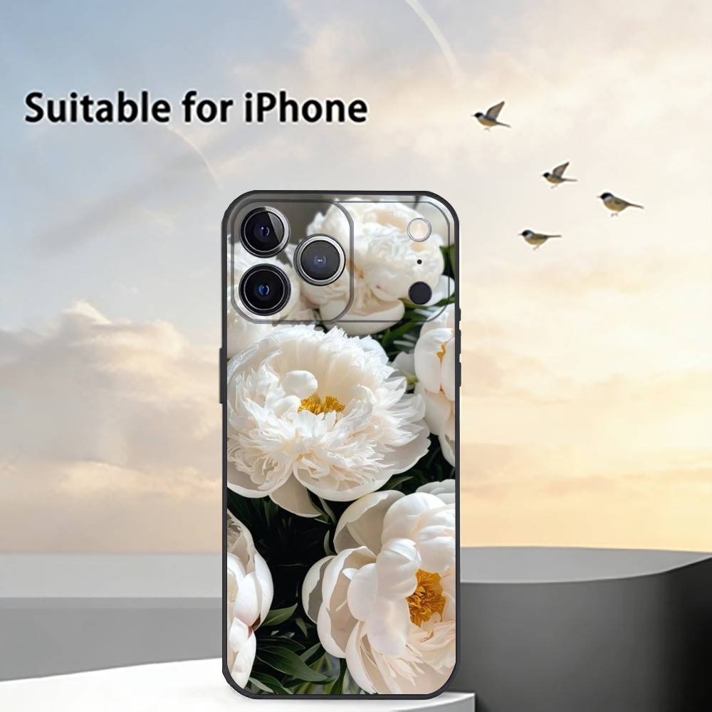Элегантный чехол для телефона с пионами F-Flower для iPhone 17,16,15,14,13,12,11 Plus,Pro Max,XS,Мягкий силиконовый черный чехол