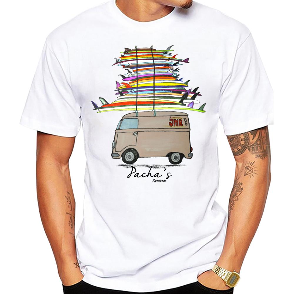 Rotre Beach Scene Cars Tattoo Men T Shirt Vintage Beach Bus Surf Sport Cloth Retro Surfing Board Tops Hipster Boy Tees