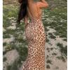 European and American Style Summer Fashion Slim Fit Slit Long Skirt Sexy Leopard Print Suspender Backless Dress