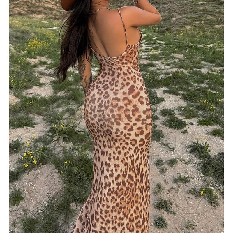 European and American Style Summer Fashion Slim Fit Slit Long Skirt Sexy Leopard Print Suspender Backless Dress