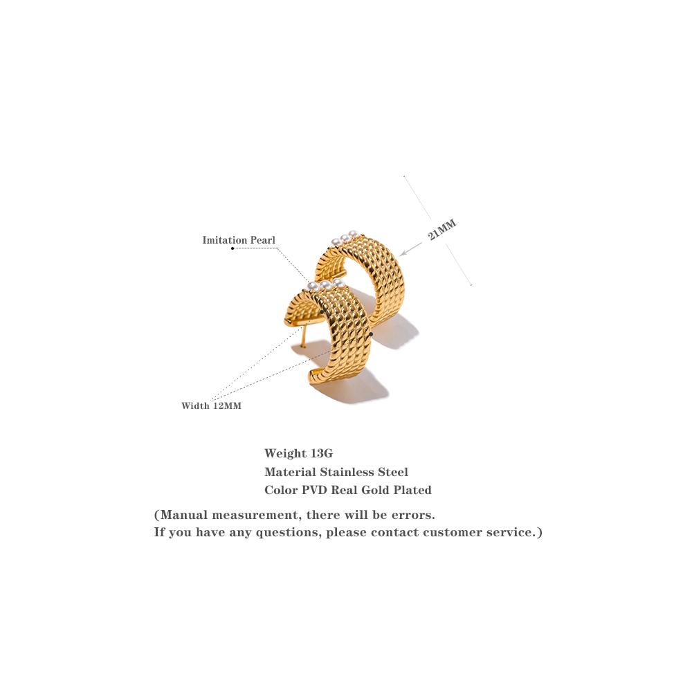 Yhpup Stainless Steel C Shape Geometric Imitation Pearls Wide Hoop Earrings Gold Color Charm Trendy Fashion Quality Jewelry New