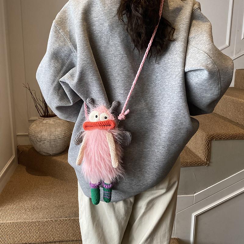 Funny Big Mouth Woven Crossbody Bag With Embroidered Details For Everyday Use