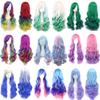 Soowee Synthetic Hair Ombre Rainbow Cosplay Wig with Bangs Red Yellow Purple Green Blue Wigs for Black Women