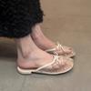 Fashion Spring New Baotou Slippers Women's Round Head Shallow Mouth Butterfly Knot Sequin Mesh Fabric Breathable Soft Soled Sandals