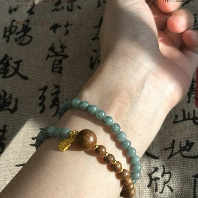 Handmade Water & Blue Tone Golden Silk Sandalwood Double Loop Bracelet, Retro New Chinese Ethnic Unisex Jewelry, Travel Souvenir