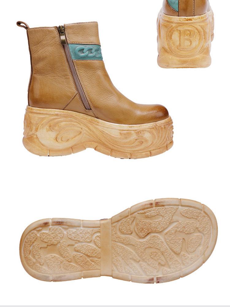 Johnature Genuine Leather Wedge Heel Women's Boots Retro Round Toe Thick Soled Short Boots
