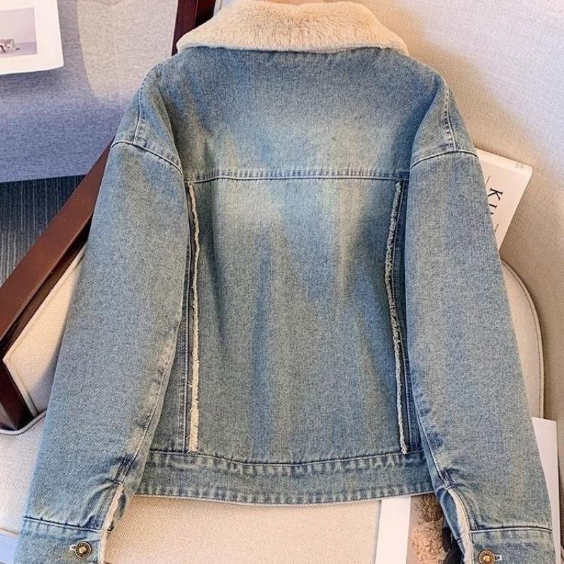 Зимняя винтажная джинсовая куртка с флисовой подкладкой, женская модная хлопковая подбитая куртка, повседневный темперамент в корейском стиле, ретро-куртка, пальто