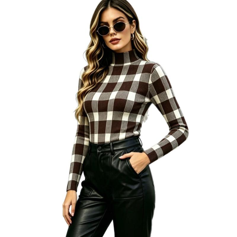 Women S Plaid Knit Sweater Long Sleeve Slim Fit Casual Top
