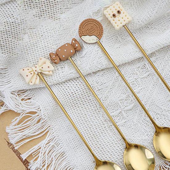 Десертная ложка с длинной ручкой, пищевая нержавеющая сталь, милый дизайн с бантом для печенья, ложка для перемешивания кофе