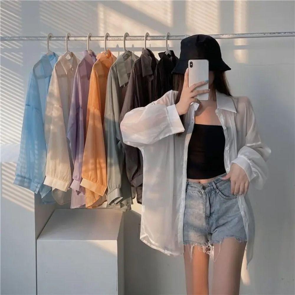 Chiffon Women Shirt Blouse Solid Color Female Loose Cardigan Casual Long Sleeve Top
