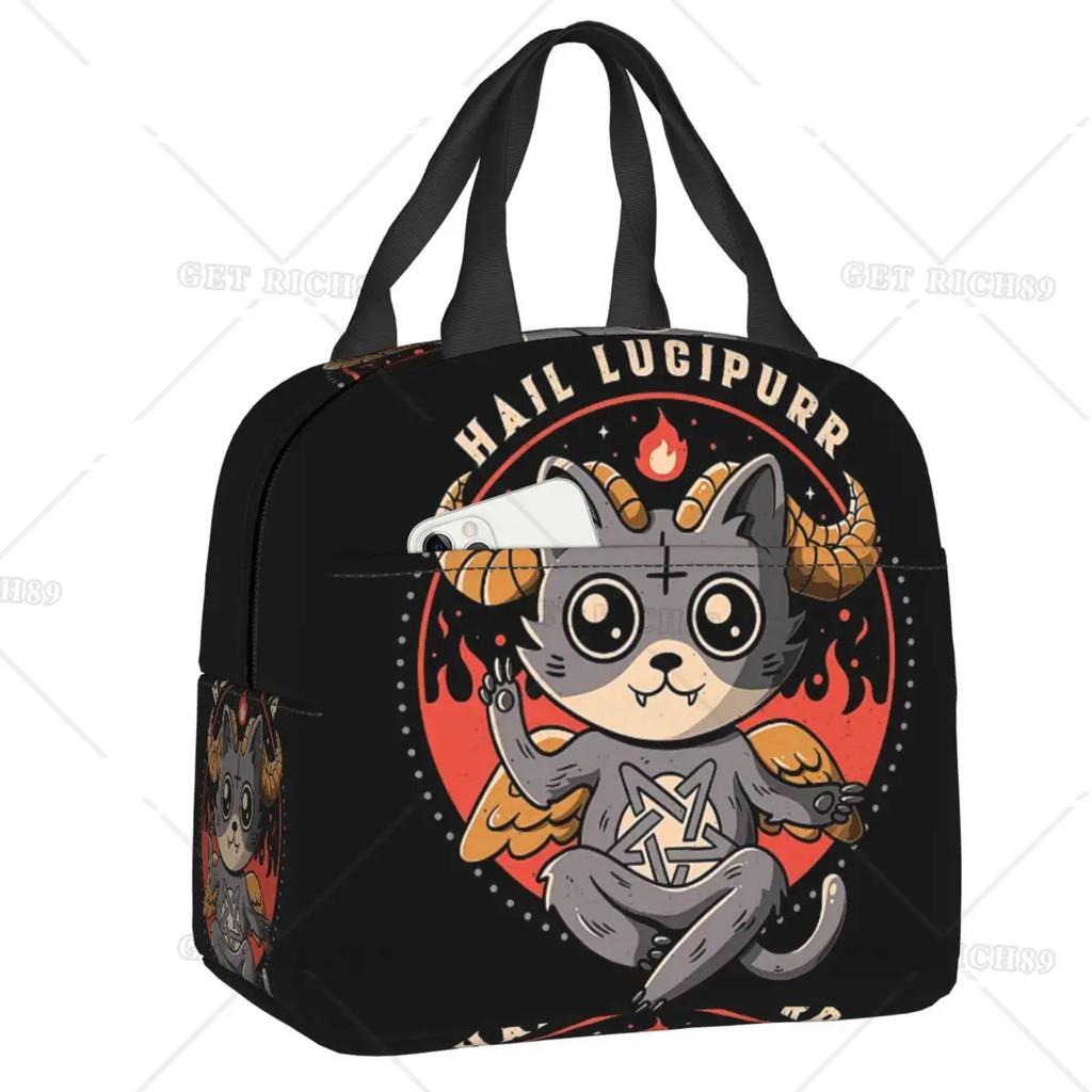 Satanic Cat Insulated Lunch Bag Waterproof Thermal Cooler Lunch Box with Side Pocket for Women Men Kids Camping Travel