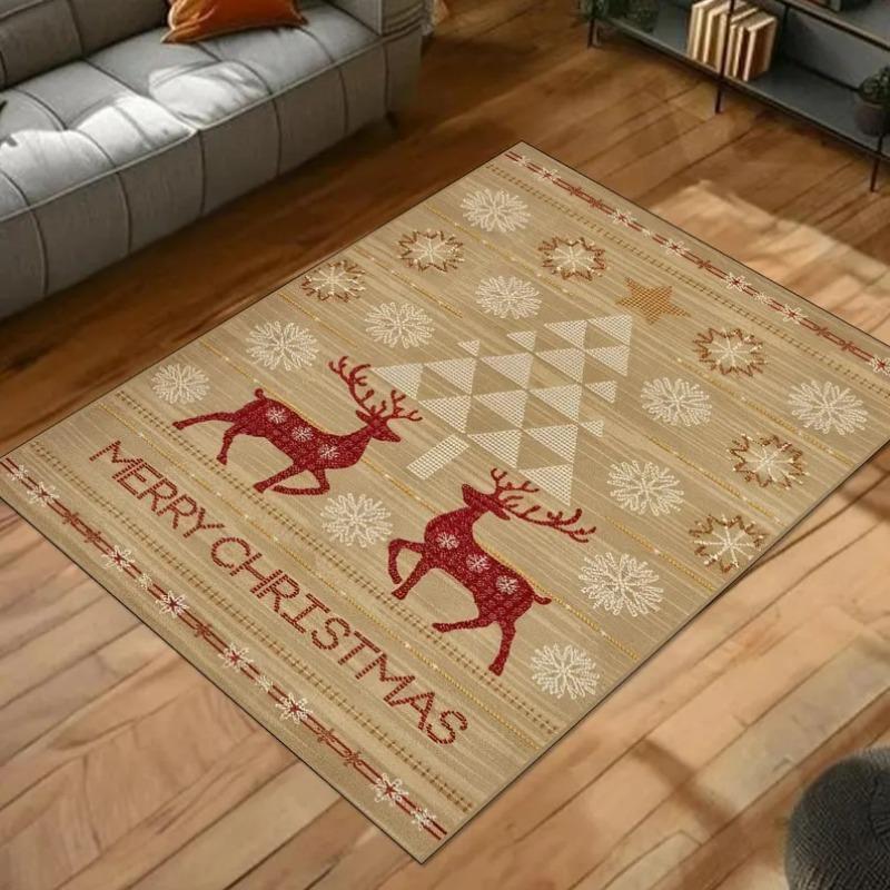 Рождественский коврик с узорами оленей, елки и снежинок - Теплый бежевый и красный праздничный ковер для дома