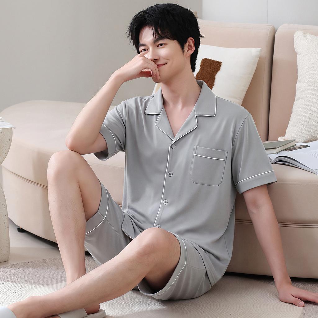 Summer men's pure cotton pajamas short-sleeved five-point pants loungewear men's summer thin plus size suit