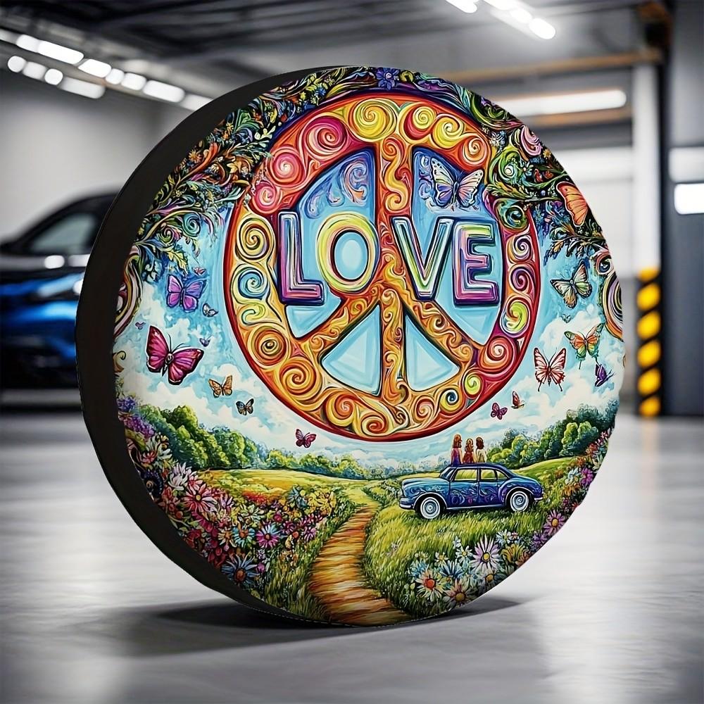 Hippie Love Peace Sign Tire Cover Polyester Dust Protector with Vintage Car and Flowers for SUV